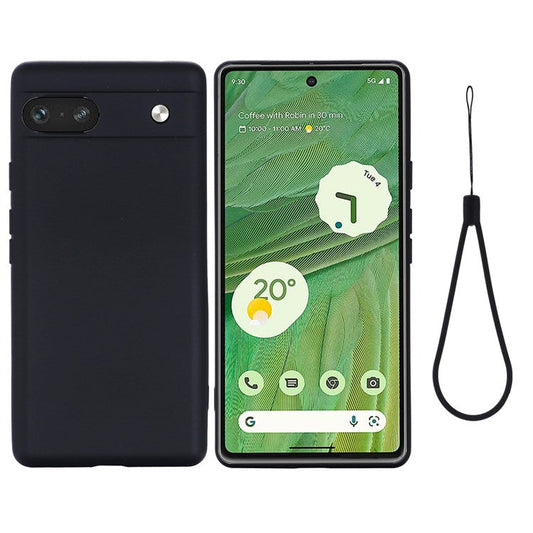 For Google Pixel 7a Liquid Silicone Case Cell Phone Cover Bump Proof Protector with Strap - Black