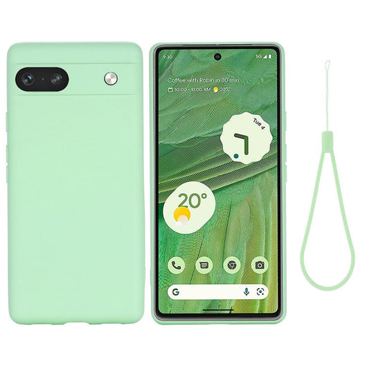 For Google Pixel 7a Liquid Silicone Case Cell Phone Cover Bump Proof Protector with Strap - Green