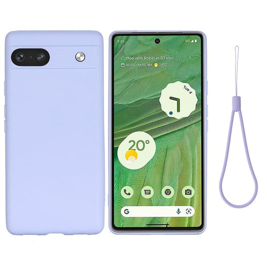 For Google Pixel 7a Liquid Silicone Case Cell Phone Cover Bump Proof Protector with Strap - Purple