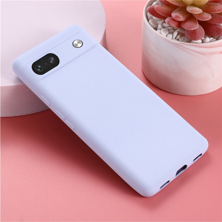 For Google Pixel 7a Liquid Silicone Case Cell Phone Cover Bump Proof Protector with Strap - Purple