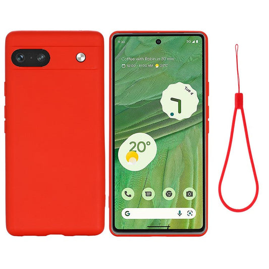 For Google Pixel 7a Liquid Silicone Case Cell Phone Cover Bump Proof Protector with Strap - Red