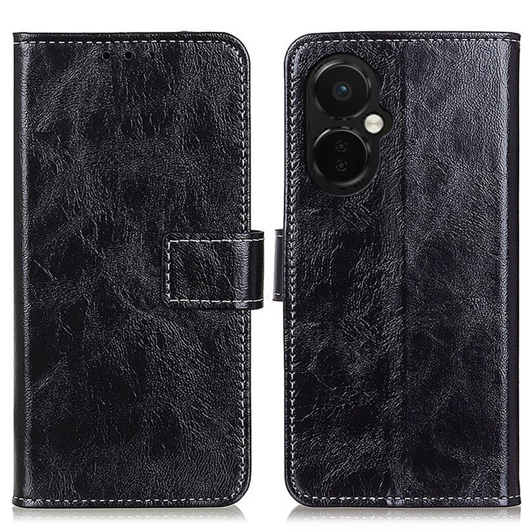 For OnePlus Nord CE 3 Lite 5G / Nord N30 5G Phone Stand Cover PU Leather Retro Crazy Horse Texture Wallet Phone Case - Black
