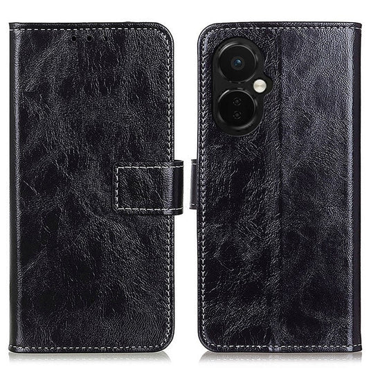 For OnePlus Nord CE 3 Lite 5G / Nord N30 5G Phone Stand Cover PU Leather Retro Crazy Horse Texture Wallet Phone Case - Black