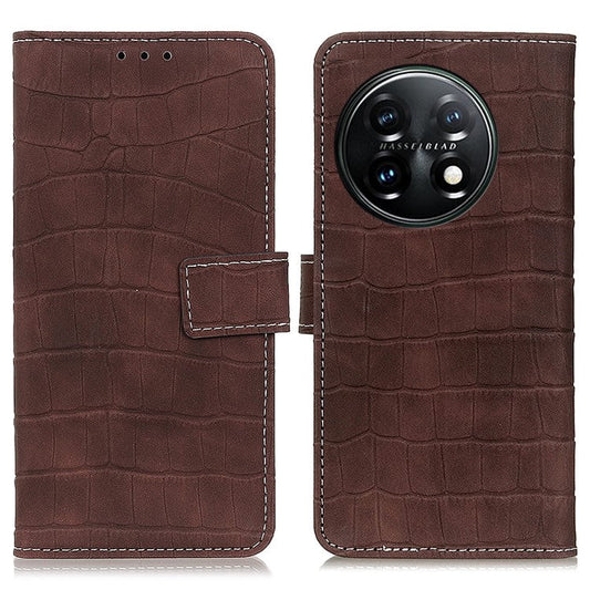 Mobile Phone Case For OnePlus 11 5G , Flip Leather Wallet Stand Crocodile Texture Anti-fall Protective Phone Cover - Brown