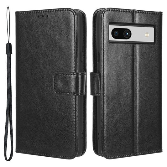 For Google Pixel 7a PU Leather Flip Phone Cover Crazy Horse Texture Wallet Phone Stand Case with Strap - Black