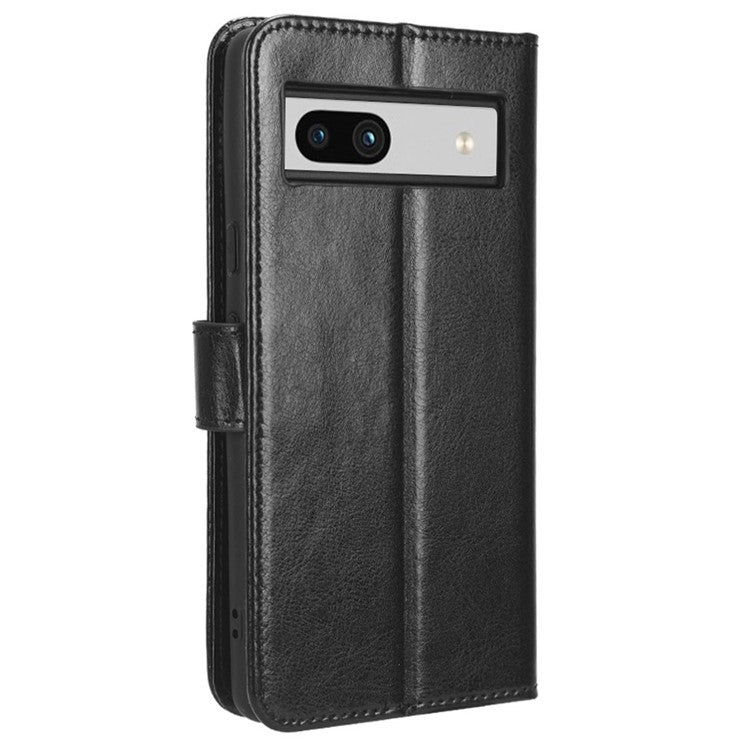 For Google Pixel 7a PU Leather Flip Phone Cover Crazy Horse Texture Wallet Phone Stand Case with Strap - Black
