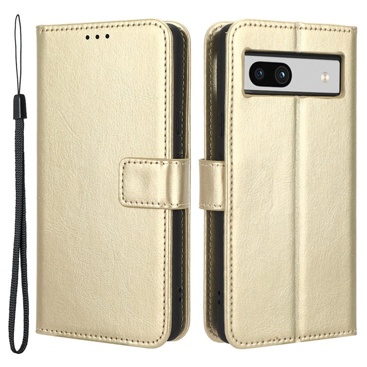 For Google Pixel 7a PU Leather Flip Phone Cover Crazy Horse Texture Wallet Phone Stand Case with Strap - Gold