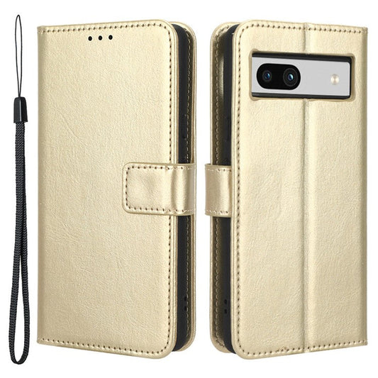 For Google Pixel 7a PU Leather Flip Phone Cover Crazy Horse Texture Wallet Phone Stand Case with Strap - Gold