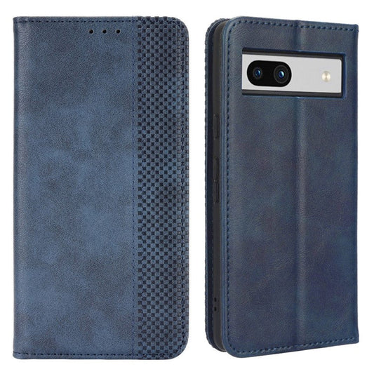 For Google Pixel 7a Supporting Stand Wallet Retro Texture Phone Case Drop-proof PU Leather Cellphone Cover - Blue