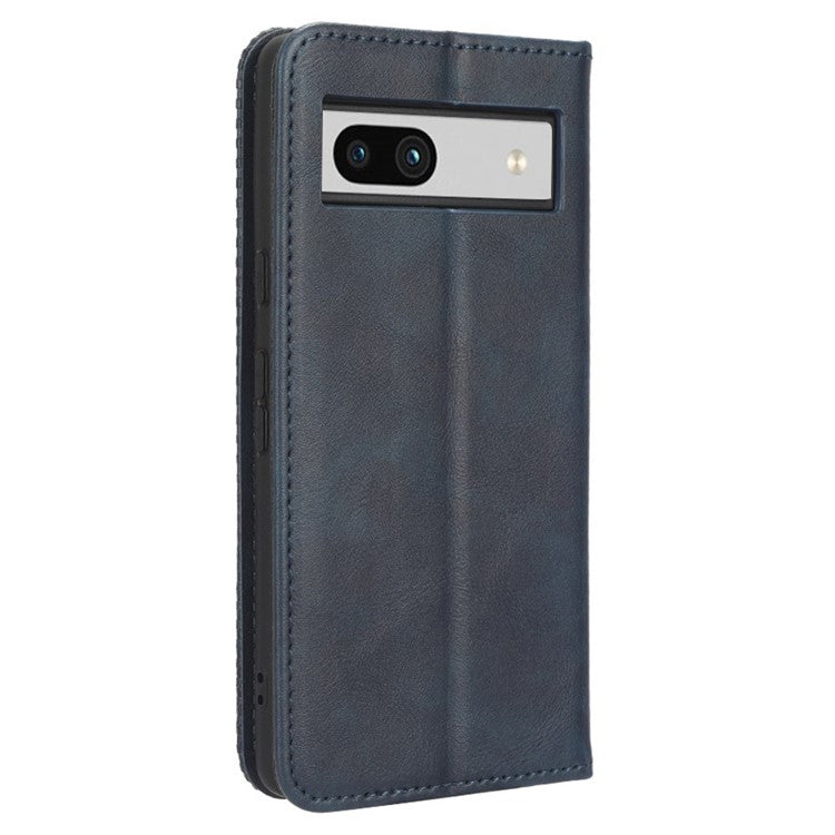 For Google Pixel 7a Supporting Stand Wallet Retro Texture Phone Case Drop-proof PU Leather Cellphone Cover - Blue