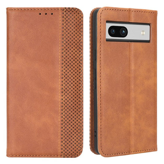 For Google Pixel 7a Supporting Stand Wallet Retro Texture Phone Case Drop-proof PU Leather Cellphone Cover - Brown