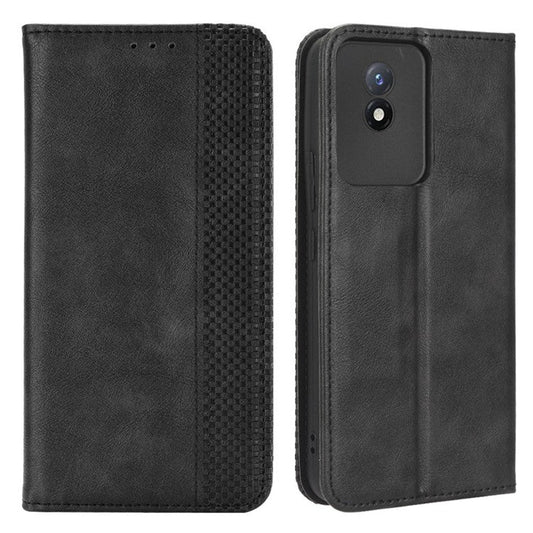 For vivo Y02 4G Retro Texture Phone Case Drop-proof PU Leather Stand Wallet Cellphone Cover - Black