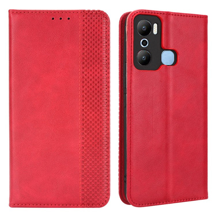 For Infinix Hot 20 Play 4G TPU+PU Leather Stand Wallet Phone Cover Retro Texture Anti-Scratch Phone Case - Red