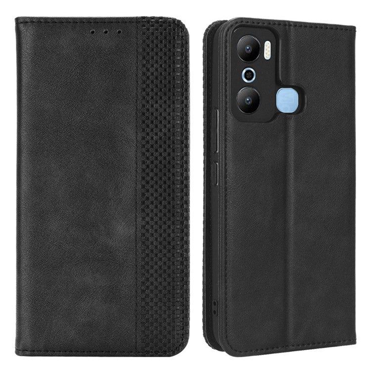 For Infinix Hot 20 Play 4G TPU+PU Leather Stand Wallet Phone Cover Retro Texture Anti-Scratch Phone Case - Black