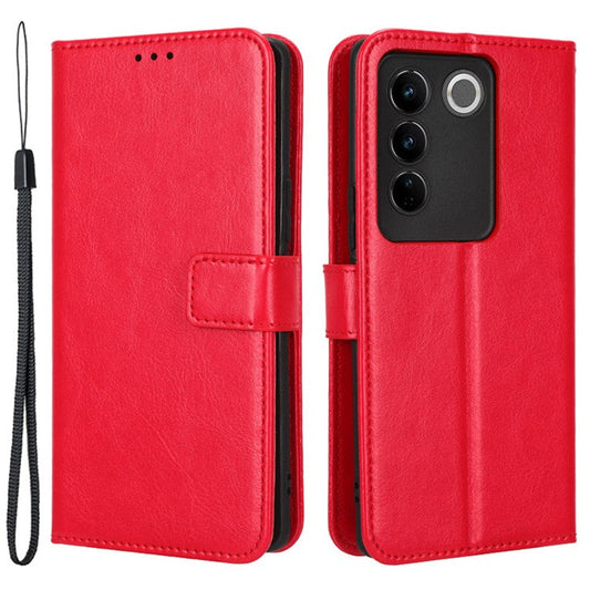 For vivo S16 / S16 Pro / V27 / V27 Pro Crazy Horse Texture PU Leather Wallet Stand Case Flip Phone Cover with Strap - Red