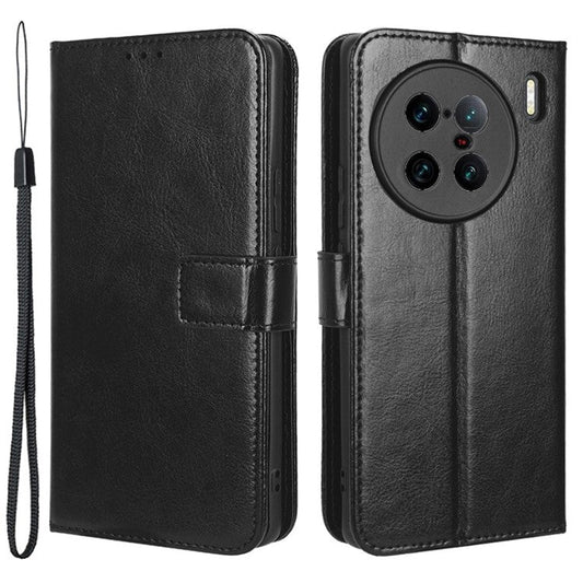 For vivo X90 Pro+ 5G Crazy Horse Texture Wallet Stand Case PU Leather Flip Phone Cover with Strap - Black