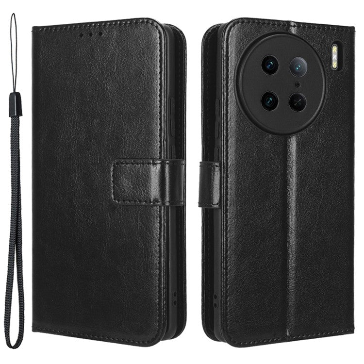 Crazy Horse Texture Wallet Stand Case for vivo X90 Pro 5G Fall Proof PU Leather Phone Cover with Strap - Black
