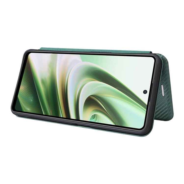 PU Leather Stand Case for OnePlus Nord CE 3 Lite 5G / Nord N30 5G , Magnetic Absorption Design Carbon Fiber Texture Phone Cover with Card Holder- Green