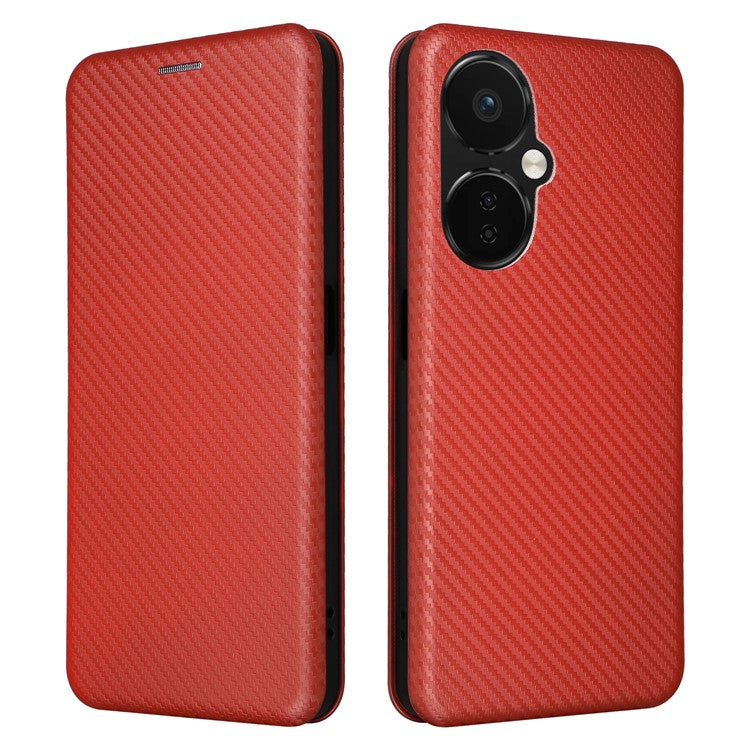 PU Leather Stand Case for OnePlus Nord CE 3 Lite 5G / Nord N30 5G , Magnetic Absorption Design Carbon Fiber Texture Phone Cover with Card Holder- Red