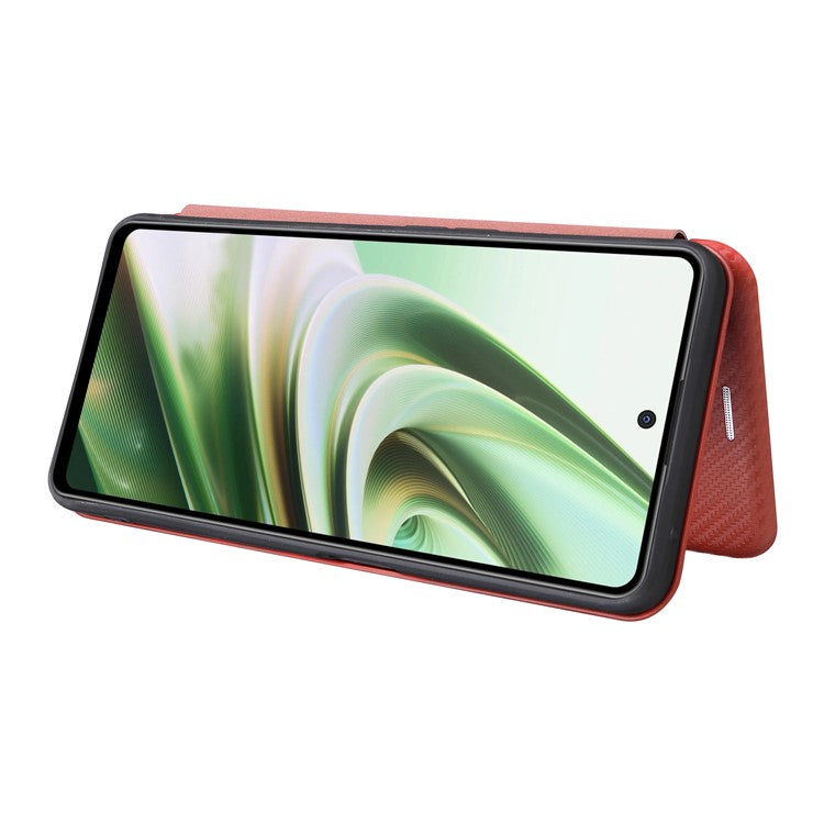 PU Leather Stand Case for OnePlus Nord CE 3 Lite 5G / Nord N30 5G , Magnetic Absorption Design Carbon Fiber Texture Phone Cover with Card Holder- Red