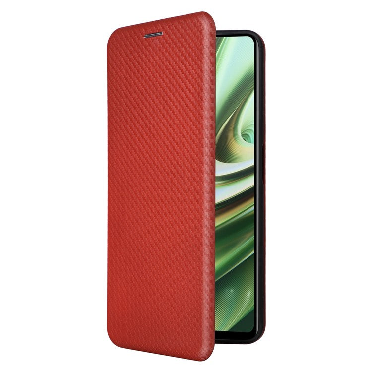 PU Leather Stand Case for OnePlus Nord CE 3 Lite 5G / Nord N30 5G , Magnetic Absorption Design Carbon Fiber Texture Phone Cover with Card Holder- Red