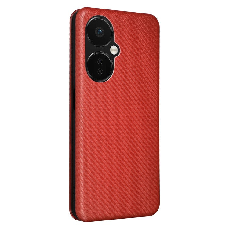PU Leather Stand Case for OnePlus Nord CE 3 Lite 5G / Nord N30 5G , Magnetic Absorption Design Carbon Fiber Texture Phone Cover with Card Holder- Red