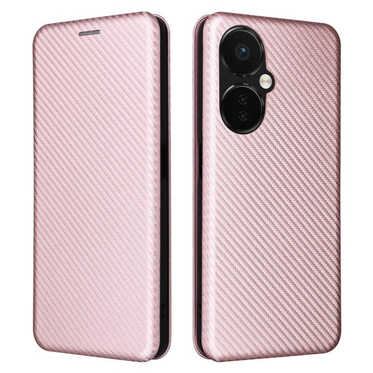 PU Leather Stand Case for OnePlus Nord CE 3 Lite 5G / Nord N30 5G , Magnetic Absorption Design Carbon Fiber Texture Phone Cover with Card Holder- Rose Gold