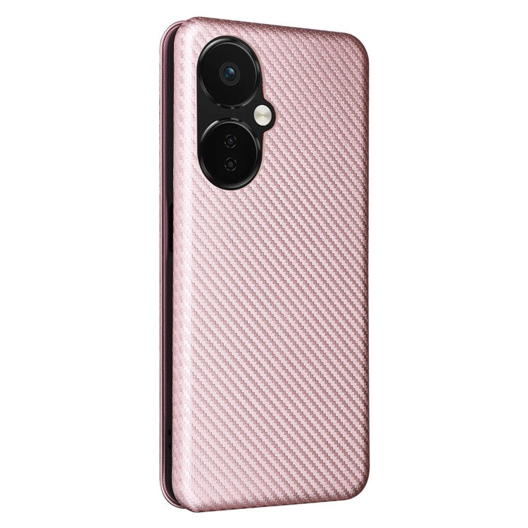 PU Leather Stand Case for OnePlus Nord CE 3 Lite 5G / Nord N30 5G , Magnetic Absorption Design Carbon Fiber Texture Phone Cover with Card Holder- Rose Gold
