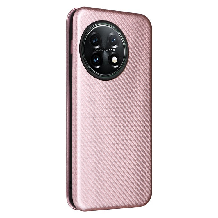 For OnePlus 11 5G PU Leather Stand Card Slots Case Carbon Fiber Texture Magnetic Auto-absorbed Folio Phone Cover - Rose Gold