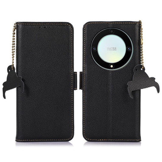 Genuine Leather Phone Case For Honor X40 5G / X9a 5G / Magic5 Lite 5G , RFID Blocking Wallet Protective Cell Phone Cover with Stand - Black