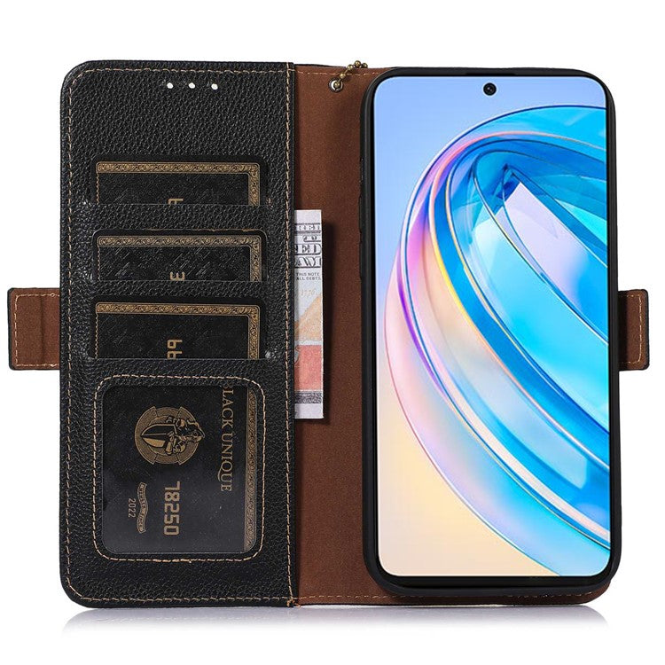 Genuine Leather Phone Case For Honor X40 5G / X9a 5G / Magic5 Lite 5G , RFID Blocking Wallet Protective Cell Phone Cover with Stand - Black