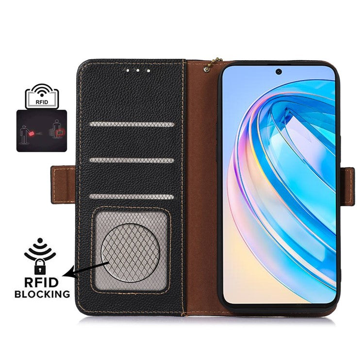 Genuine Leather Phone Case For Honor X40 5G / X9a 5G / Magic5 Lite 5G , RFID Blocking Wallet Protective Cell Phone Cover with Stand - Black