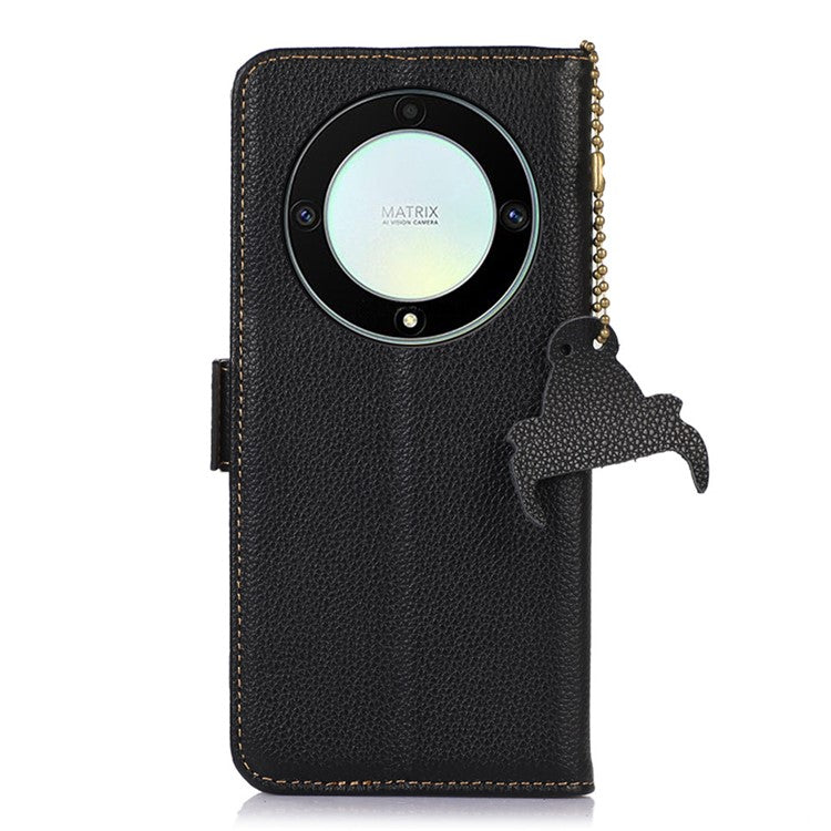 Genuine Leather Phone Case For Honor X40 5G / X9a 5G / Magic5 Lite 5G , RFID Blocking Wallet Protective Cell Phone Cover with Stand - Black