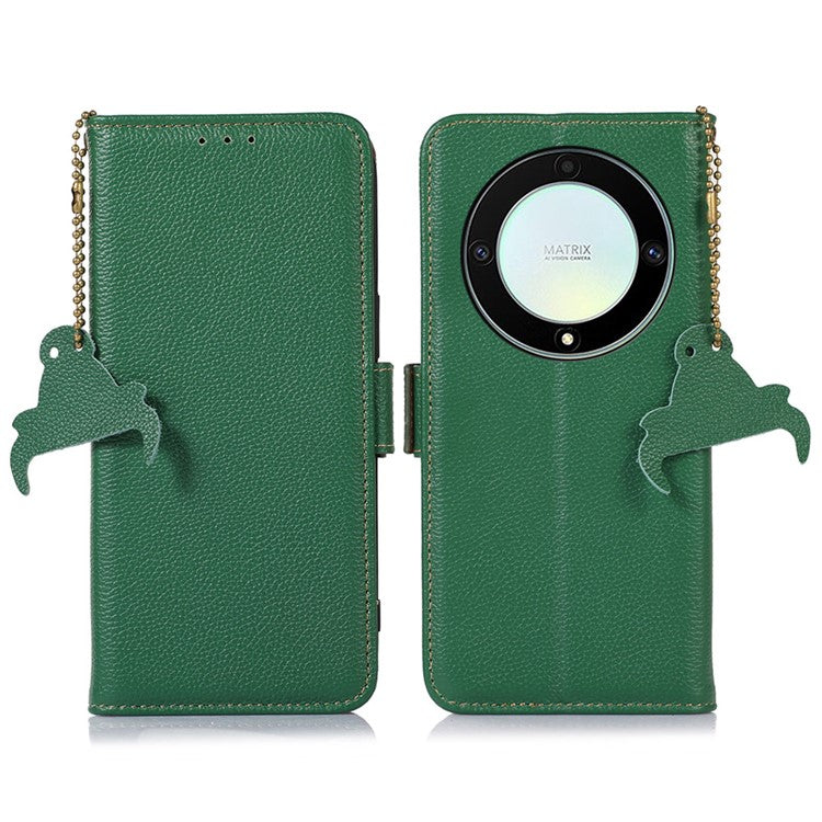 Genuine Leather Phone Case For Honor X40 5G / X9a 5G / Magic5 Lite 5G , RFID Blocking Wallet Protective Cell Phone Cover with Stand - Green
