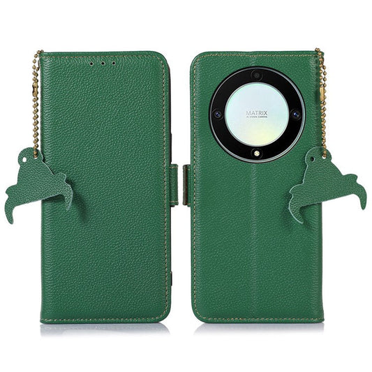 Genuine Leather Phone Case For Honor X40 5G / X9a 5G / Magic5 Lite 5G , RFID Blocking Wallet Protective Cell Phone Cover with Stand - Green