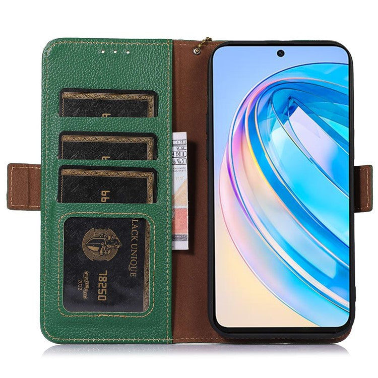 Genuine Leather Phone Case For Honor X40 5G / X9a 5G / Magic5 Lite 5G , RFID Blocking Wallet Protective Cell Phone Cover with Stand - Green