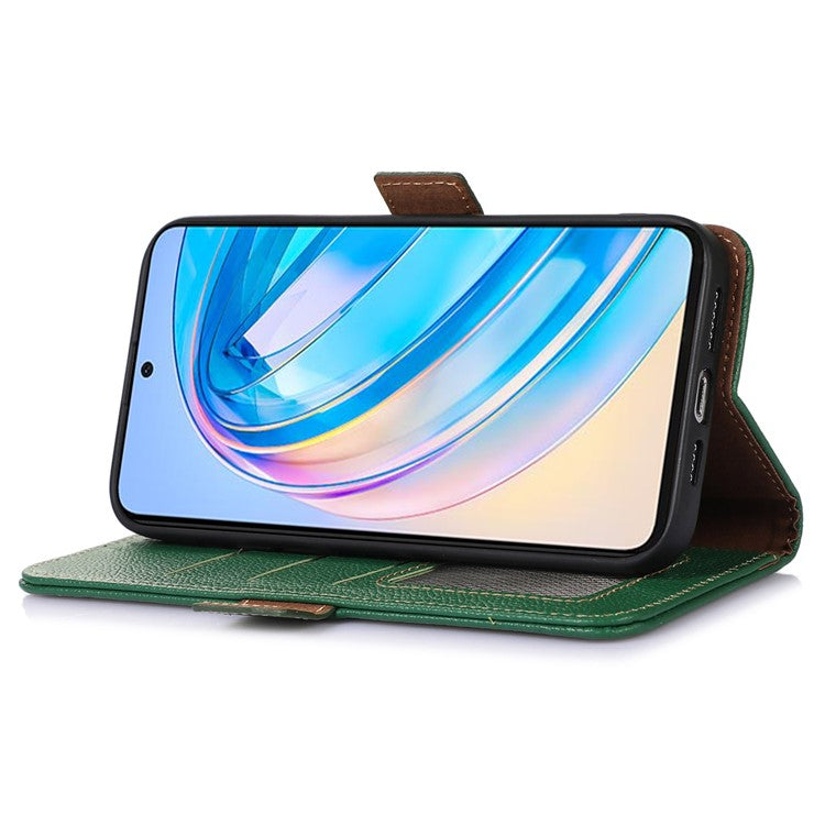 Genuine Leather Phone Case For Honor X40 5G / X9a 5G / Magic5 Lite 5G , RFID Blocking Wallet Protective Cell Phone Cover with Stand - Green