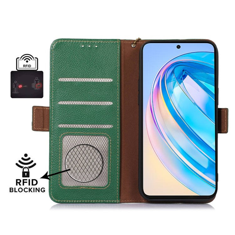 Genuine Leather Phone Case For Honor X40 5G / X9a 5G / Magic5 Lite 5G , RFID Blocking Wallet Protective Cell Phone Cover with Stand - Green