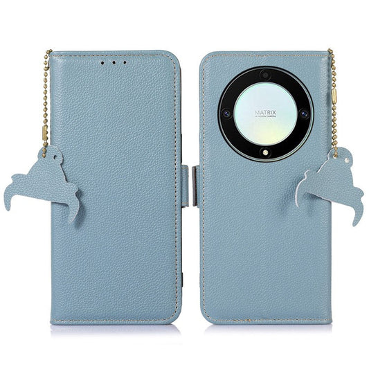 Genuine Leather Phone Case For Honor X40 5G / X9a 5G / Magic5 Lite 5G , RFID Blocking Wallet Protective Cell Phone Cover with Stand - Blue
