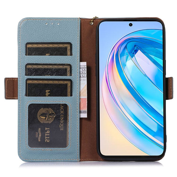 Genuine Leather Phone Case For Honor X40 5G / X9a 5G / Magic5 Lite 5G , RFID Blocking Wallet Protective Cell Phone Cover with Stand - Blue