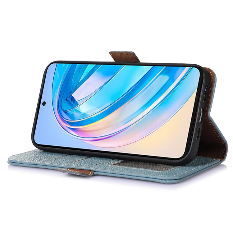 Genuine Leather Phone Case For Honor X40 5G / X9a 5G / Magic5 Lite 5G , RFID Blocking Wallet Protective Cell Phone Cover with Stand - Blue