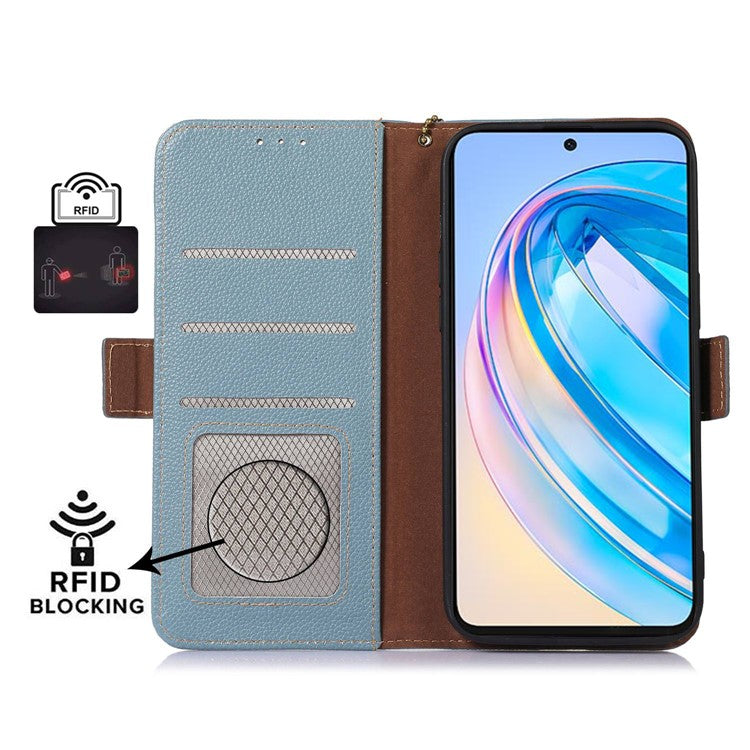 Genuine Leather Phone Case For Honor X40 5G / X9a 5G / Magic5 Lite 5G , RFID Blocking Wallet Protective Cell Phone Cover with Stand - Blue