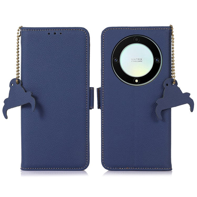 Genuine Leather Phone Case For Honor X40 5G / X9a 5G / Magic5 Lite 5G , RFID Blocking Wallet Protective Cell Phone Cover with Stand - Sapphire