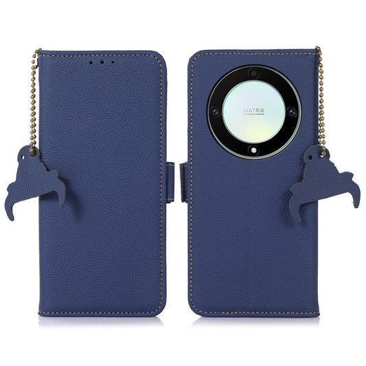 Genuine Leather Phone Case For Honor X40 5G / X9a 5G / Magic5 Lite 5G , RFID Blocking Wallet Protective Cell Phone Cover with Stand - Sapphire