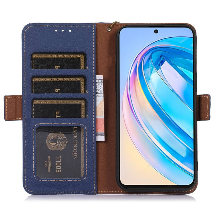 Genuine Leather Phone Case For Honor X40 5G / X9a 5G / Magic5 Lite 5G , RFID Blocking Wallet Protective Cell Phone Cover with Stand - Sapphire