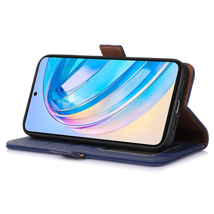 Genuine Leather Phone Case For Honor X40 5G / X9a 5G / Magic5 Lite 5G , RFID Blocking Wallet Protective Cell Phone Cover with Stand - Sapphire