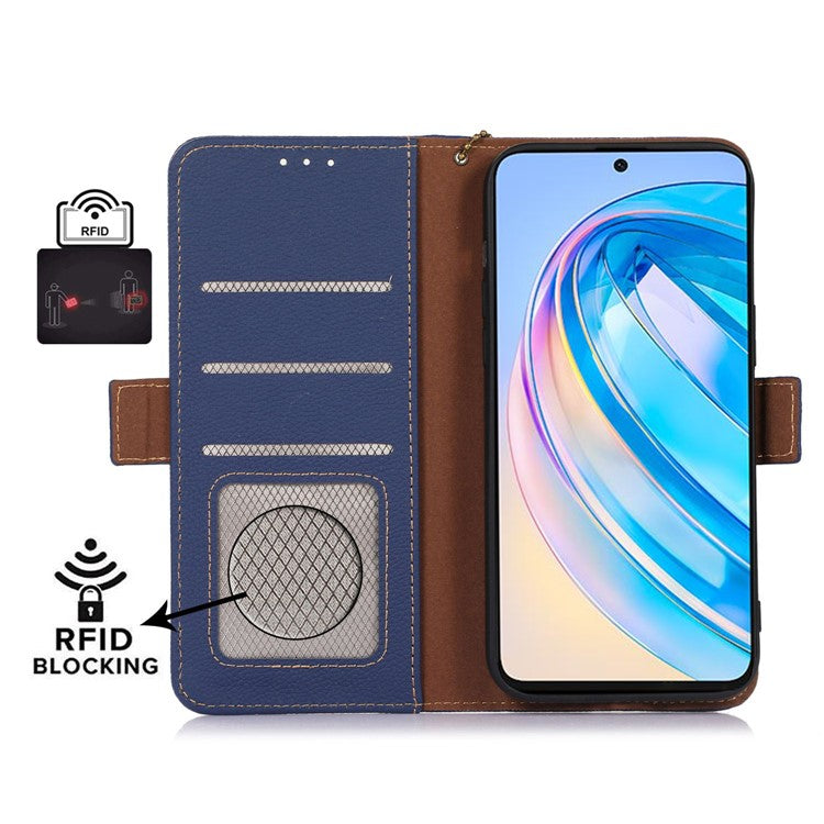 Genuine Leather Phone Case For Honor X40 5G / X9a 5G / Magic5 Lite 5G , RFID Blocking Wallet Protective Cell Phone Cover with Stand - Sapphire
