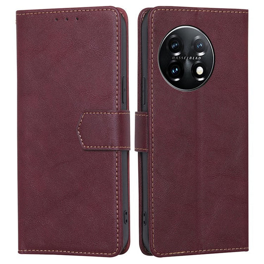 For OnePlus 11 5G Anti-drop Cowhide Texture PU Leather Stand Wallet Phone Case RFID Blocking Cover - Wine Red