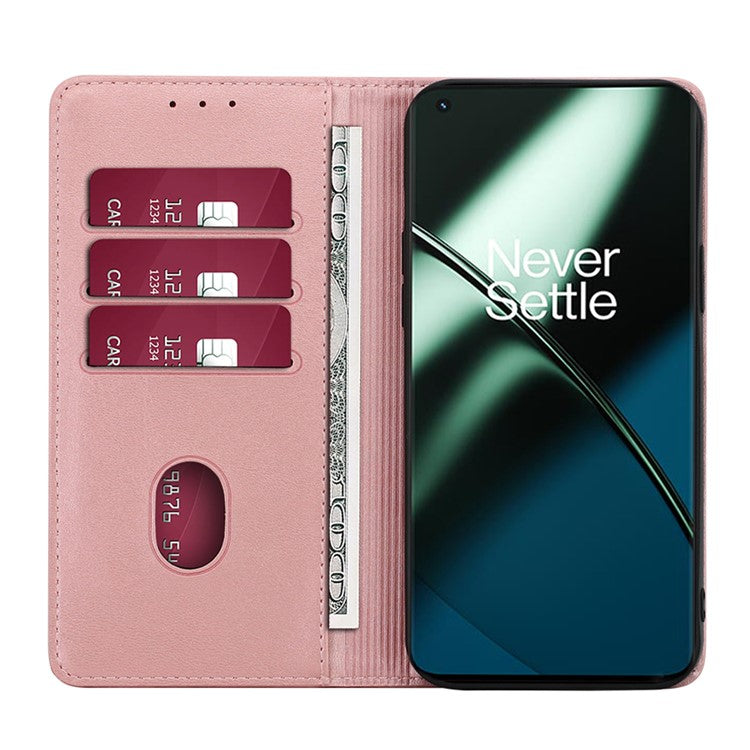 For OnePlus 11 5G Calf Texture Protective Phone Case Wallet Stand PU Leather Anti-drop Cell Phone Cover - Rose Gold