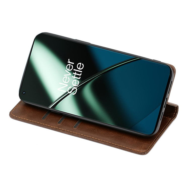 For OnePlus 11 5G Calf Texture Protective Phone Case Wallet Stand PU Leather Anti-drop Cell Phone Cover - Brown